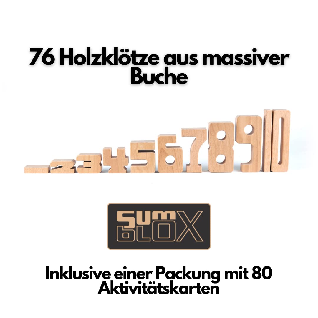 Brandneues SumBlox Original Basic Set - 76 große Holzbausteine aus massiver Buche mit 80 Aktivitätskarten in Deutsch - Lernen durch Spielen, hervorragende Montessori Lernressourcen