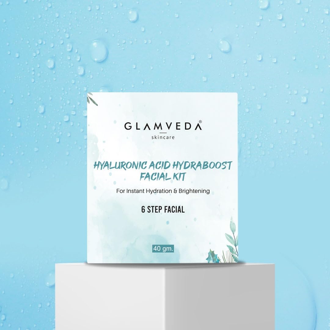 Glamveda Hyaluronic Acid HydraBoost Facial Kit | 6 Step Facial for Instant Hydration & Brightening | Suitable for All Skin Types | Men & Women | 40 gm