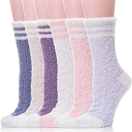 Womens Girls Fuzzy Slipper Socks Soft Fluffy Cabin Fleece Warm Plush Cozy Winter Sleep Stocking Stuffers Adult Christmas Socks??Solid Color?6 Pairs??