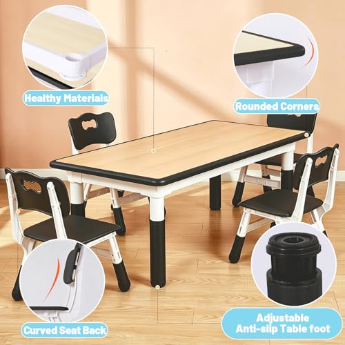 Image of FUNLIO Kids Table and 4 Chairs Set for Ages 3-8, Height Adjustable Toddler Table and Chair Set, Easy to Wipe Arts & Crafts Table, for Classrooms /Daycares /Homes, CPC & CE Approved (5-Piece Set) - Black