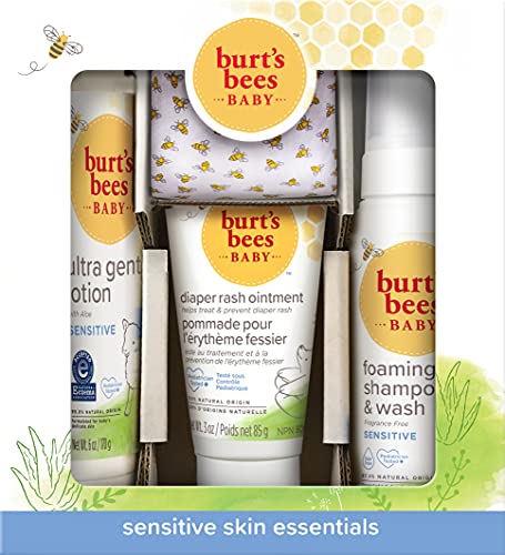 Burt's Bees Sensitive Skin Essentials, 4 Baby Products, Foaming Shampoo & Wash, Ultra Gentle Lotion, Diaper Rash Ointment and 100% Cotton Washcloth, 1 Count Burt's Bees Sensitive Skin Essentials, 4 Baby Products, Foaming Shampoo & Wash, Ultra Gentle Lotion, Diaper Rash Ointment and 100% Cotton Washcloth, 1 Count
