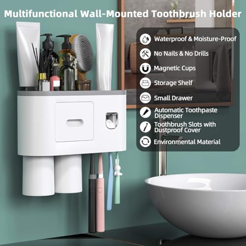 Image of Toothbrush Holder Wall Mounted, Automatic Toothpaste Dispenser Squeezer Kit -Magnetic Toothbrush Holder for Bathroom and Vanity, 4 Brush Slots 1 Cosmetic Drawer (Grey, 2 Cup)