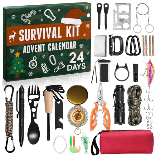 Adventskalender 2025 für Männer | 31-teiliges Survival Kit mit Werkzeug & Angelzubehör | Weihnachtskalender Geschenk für Herren & Mann | Camping, Angeln, Outdoor | 24 Tage Countdown