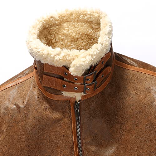 FLAVOR Mens Leather Bomber Jacket Warm Piolt Winter Shearling Jackets Aviator Coat3