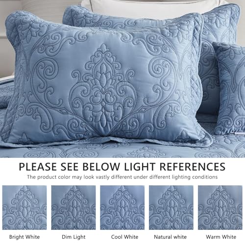 Image of CHIXIN Oversized King Bedspread 128x120 Extra Wide - Lightweight Bedding Cover - Beautiful Stitching - 5 Piece Reversible Bedspread - Luxury Damask Paisley Pattern (King /Cal King, Ashley Blue)