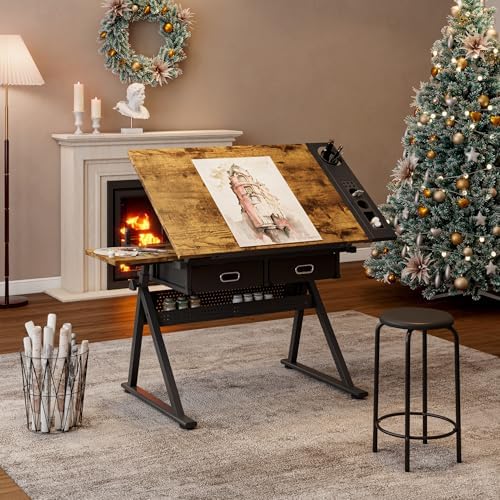 Adjustable Drafting Table Desk with 2 Storage Drawers, Ergonomic Stool Included, Tilted Desktop 0-75°, Height Adjustable 69-91cm for Home Office & School Use