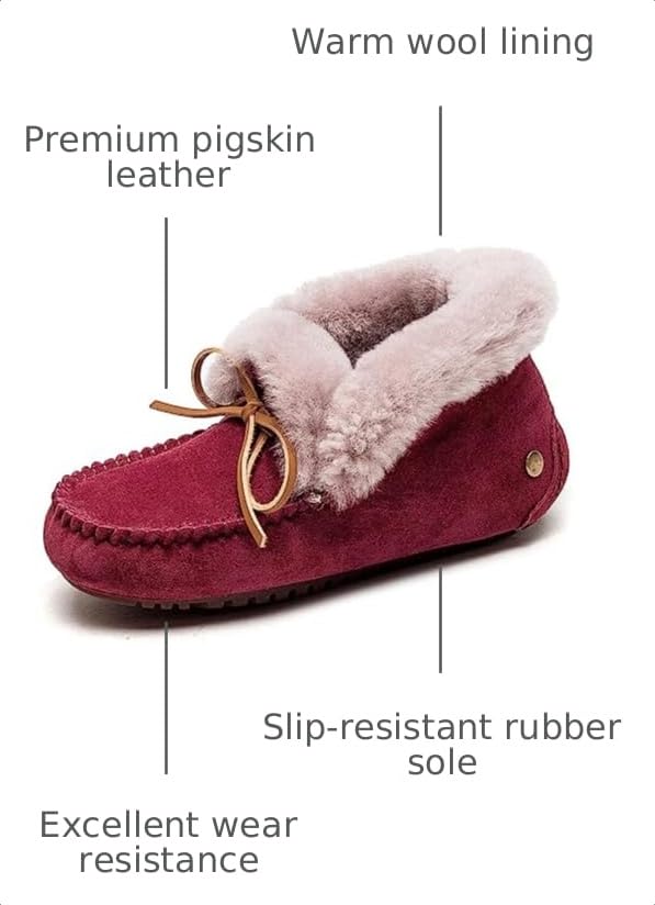Image of Women's Moccasin Slippers with Warm Wool Lining, Pigskin Leather Non-Slip Rubber Sole for Indoor and Outdoor Casual Winter Flat Shoes