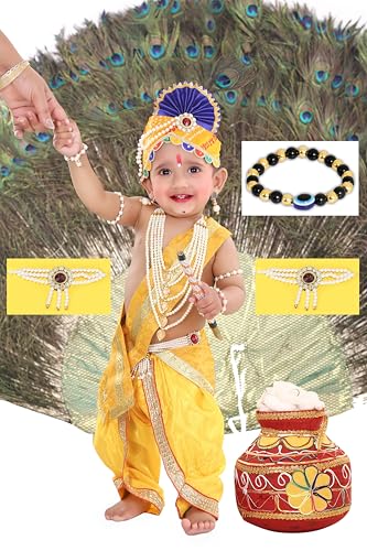 Image of Krishna Dress for Kids, Baby Krishna Dress for Janmashtami with Krishna Mukut, Peacock Feather & Flute Embroidered Krishna Costume for Girl & Boy, 3 Months-8 Years