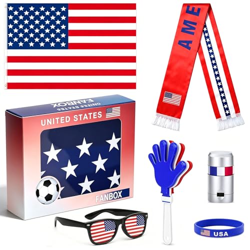 2026 World Cup American Fan Kit, Fourth of July Set for Independence Day with USA Flag, Sunglasses, Banner, Hand Clapper, Wristband & Face Paint, Reusable for Family (USA)