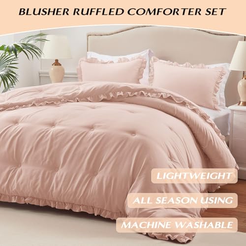 Image of HARBOREST King Comforter Set Blusher - Ruffle Comforter for King Size Bed, Fluffy King Size Comforter Set for All Seasons, 3 Pieces Shabby Chic Bedding Comforter Set(1 Comforter & 2 Pillow Shams)