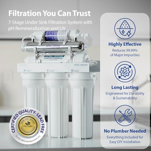 Image of APEC Water WQA Certified 7-Stage Reverse Osmosis Drinking Water Filter System with Alkaline Mineral pH+ Remineralization and UV Water Filter, Ultra Safe Removes 1K+ Impurities, Brushed Nickel, 75 GPD