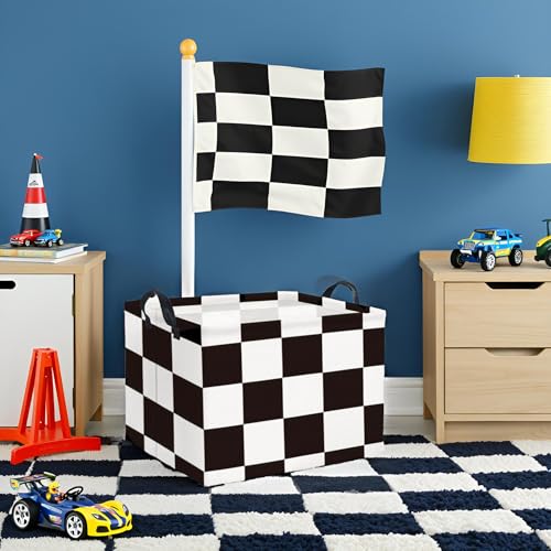 Image of Rectangular Checkered Basket Storage Bin Collapse Storage Basket with Handles for Organizing Home Kitchen Boys and Girls Toys Office Closet Shelf Baskets (Race Flag)