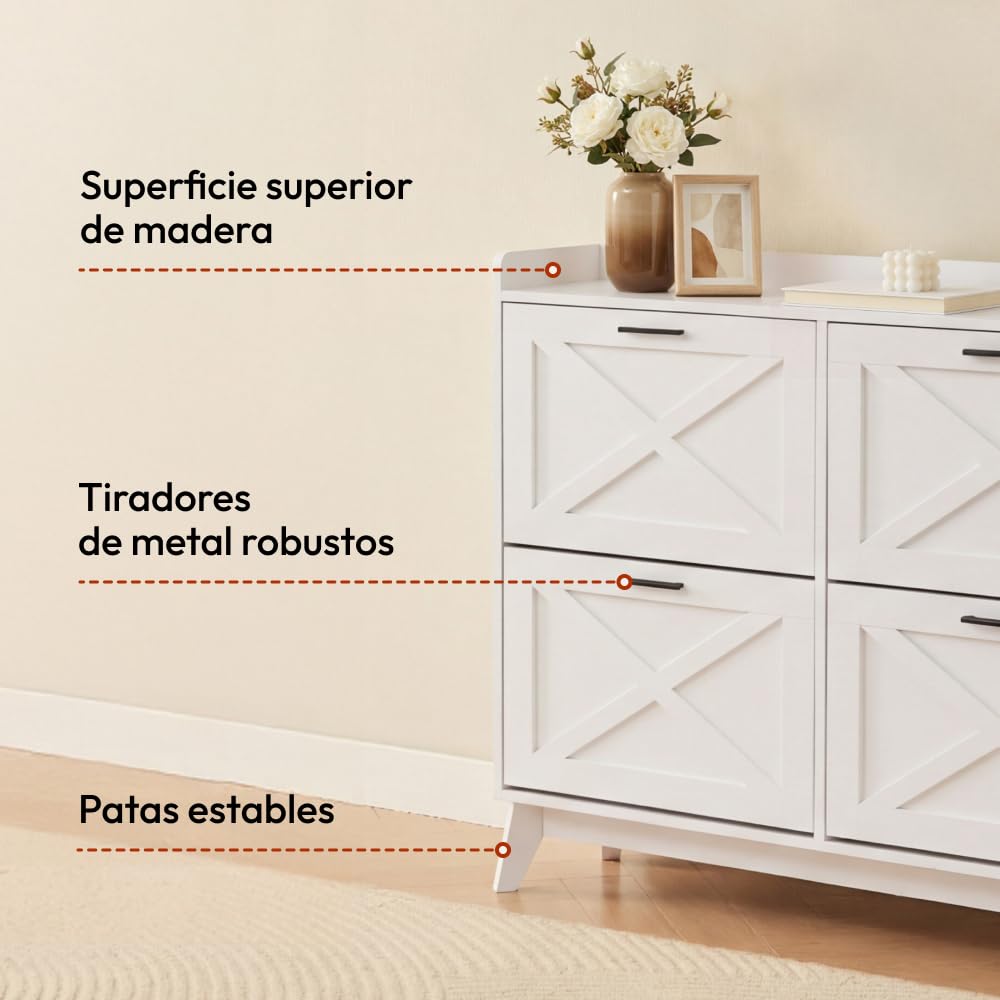 CASABEL Zapatero 4 Abatibles, Frentes con Motivo de Cruz, Blanco, Diseño Funcional, Gran Capacidad 24 Pares, Mueble de Almacenaje para Entrada, Pasillo o Salón, 114x24x96 cm