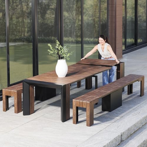 Transformer Extendable Outdoor Dining Table, Dark Walnut, Brown |...
