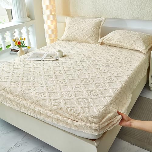 Daesar Juego Sábana Bajera con Elástica Ajustable con 2 Fundas Almohada,Color Sólido con Patrón de Hojas Franela Sabanas Bajeras Ajustables Beige Blanco,200 x 220 CM