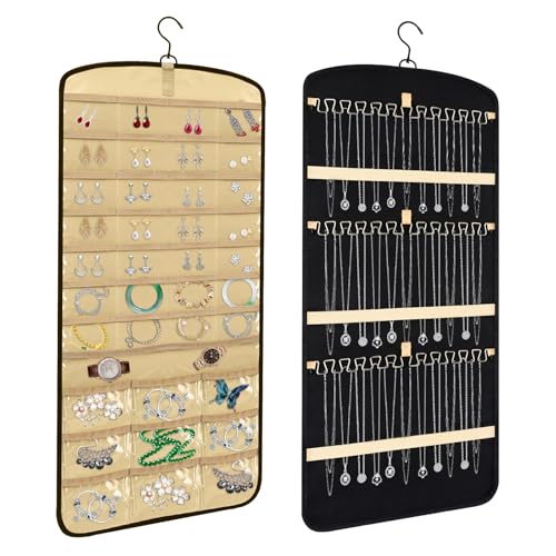 JUMRHFAN Large Hanging Jewelry Organizer Storage Roll with Hanger Metal 360°Hooks Double-Sided Jewelry Holder for Earrings, Necklaces, Rings on Closet, Wall, Door, Wardrobe(Black)