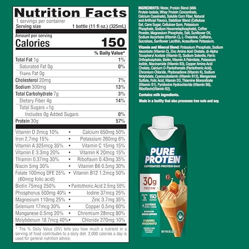 Image of Pure Protein Ready to Drink Protein Shake, Caramel Macchiato, 30g Protein, Caffeine for energy + L-Theanine, 150 Calories, Less than 1g Sugar, 4g Fiber, Non-GMO, 11oz Bottles, 12 Pack