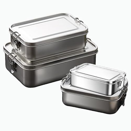 ステンレス製食品保存容器セット 550ml/850ml/1400ml/2400ml キムチ保存用 臭い漏れ防止 密閉ロック付き 二段仕切り可 弁当箱代わり 食洗機冷凍対応 錆びしない 通勤学校キャンプ花見適用 (550ML+850ML+1400ML+240
