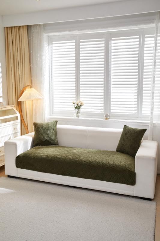 Image of HOMETHREADS Innovative Premium Velvet Sofa Cover Mat with PVC Backing for Non-Slip Comfort | (Olive Vrsh, 2 Seater Small | 70x120cm)