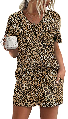 Image of RUBZOOF Women's Short Sleeve Pajama Sets with Pockets Casual V Neck 2 Piece Lounge Sets S-3XL