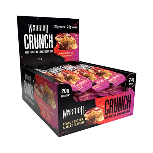 Warrior Crunch - High Protein Bars - 20g Protein Each Bar - Low Carb, Low Sugar Sanck - 12 Pack x 64g (Peanut Butter Jelly)