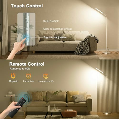 Image of Yikuneng Dimmable LED Floor Lamp, Super Bright Reading Lamps Floor Standing lamp with Remote & Touch Control, Stepless Dimming & 2700K-6500K Color Temperature, for Living Room Bedroom Office, Gray