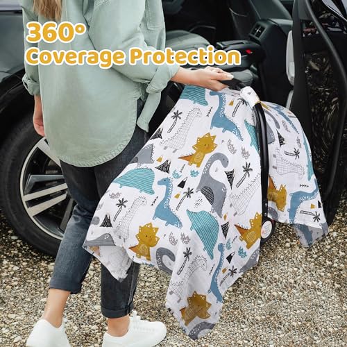 Image of Rquite Baby Boy Car Seat Cover, 100% Muslin Cotton Infant Carseat Canopy, Soft Breathable Stroller Sun Shade & Newborn Shower Gift, Large Size Universal Fit Summer, Hot & Warm Weather (Blue Dinosaur)