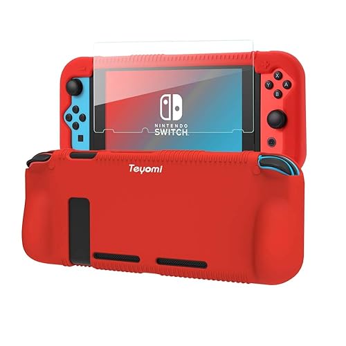 Teyomi Protective Silicone Case for Nintendo Switch, Grip Cover with Tempered Glass Screen Protector, 2 Storage Slots for Game Cards,