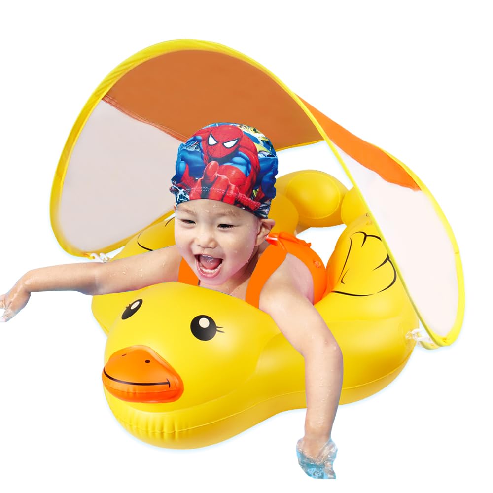Swimming Float Ring with Removable Sun Protection Canopy,Anti-Slip Crotch,Add Tail Chamber Never Flip Over Baby Floats for Toddler 6-36 Months