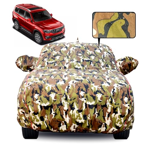 Image of Waterproof Car Body Cover for Mahindra Scorpio-N with Mirror Pocket, Soft Cotton Lining, Triple Stitched, Full Bottom Elastic (Heat Resistant Jungle Print with Red Piping)
