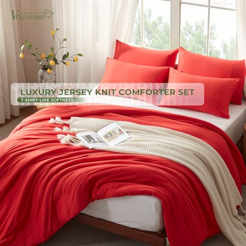 Image of Queen Comforter Set, Comforters Queen Size Luxury Ultra-Soft Jersey Knit Bedding Sets, Red Lightweight Down Alternative Bed Comforte Queen for All Season, 3 Piece Bedding Setrey