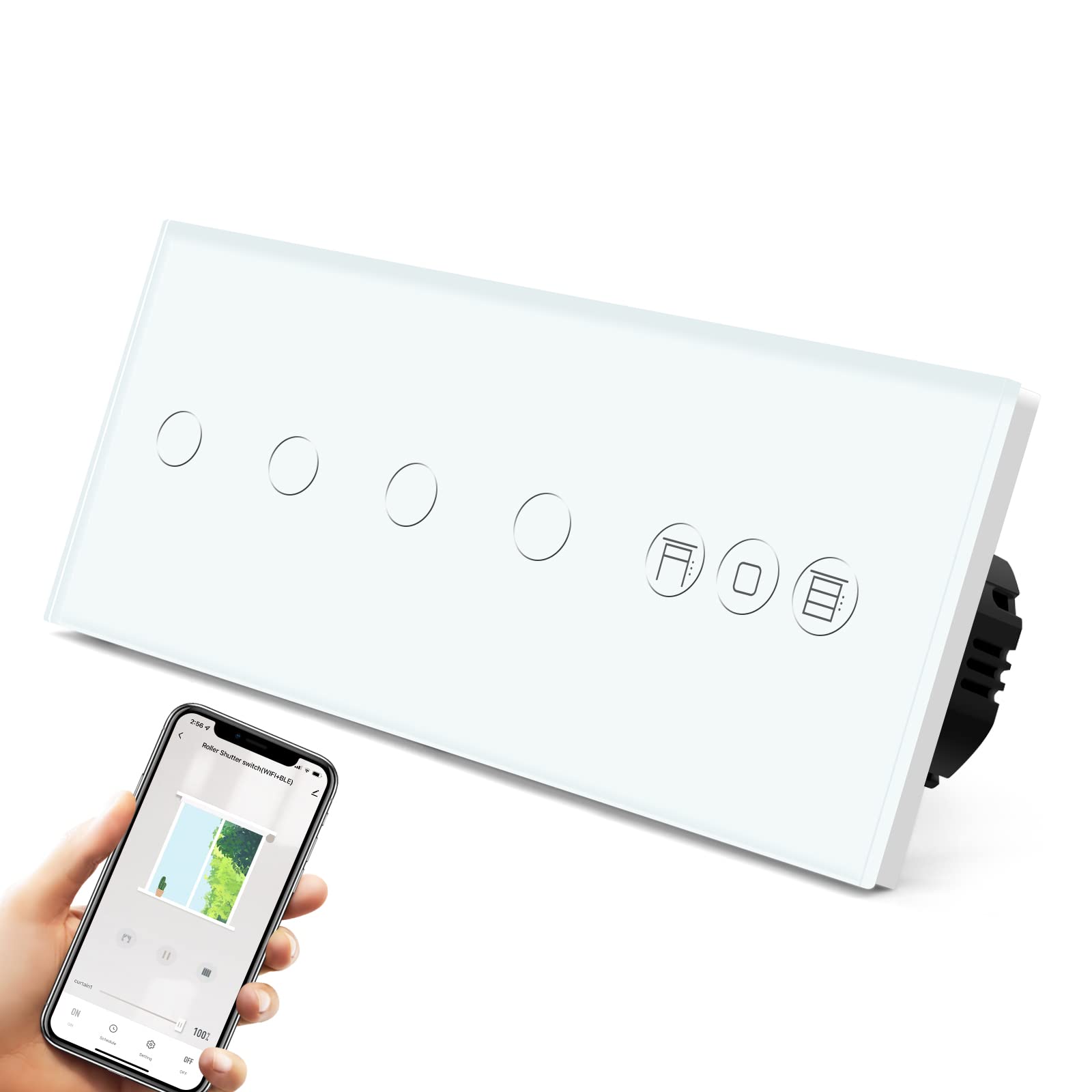 BSEED Interruptor Persiana WiFi,interruptores tactil empotrado,Inteligente Control de Porcentaje,Panel de Cristal,Control Remoto,Requiere Cable Neutro,2 * 2 Gang + Persiana,228mm Blanco