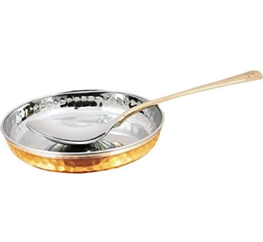 Riesiger Korb 5082 – Kupferstahl, handgefertigtes Küchenteller/Thali-Abendessen-Set, 7-teilig (1 Thali, 3 Schüsseln, 1 Puddingschüssel, 1 Löffel, 1 Kupferglas) für Hotel- und Heim-Geschirr