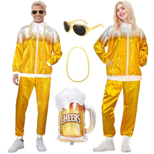 Déguisement Année 80 Homme Femme, Costume De Bière, Tenue Disco Rétro avec Veste, Pantalon, Lunettes, Collier, Ballon, Déguisement Années 80 90 pour...