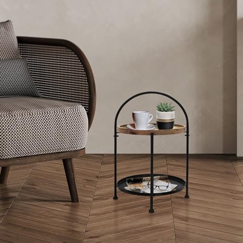 ECD Germany Mesa Auxiliar Redonda Ø38 x 55 cm de Metal y Madera Mesita de Centro 2 Niveles con Asa Velador de Salón para Café Consola de Noche Estilo Industrial Moderno Decorativo Bandejas Extraíbles
