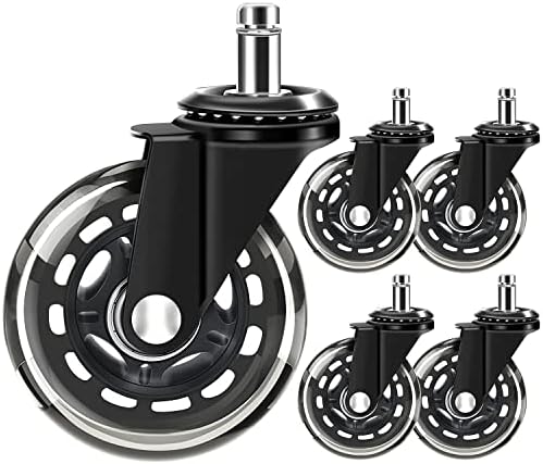 Office Chair Caster Wheels Set of 5 Heavy Duty & Safe for All Floors Including Hardwood 3" Rubber Replacement for Desk Floor Mats(Black)