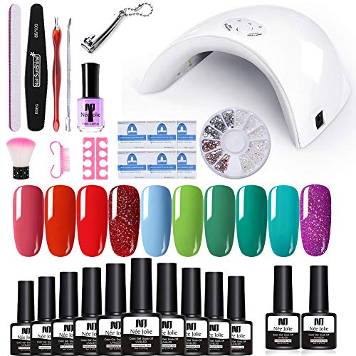 NEE JOLIE Gel Nail Polish Set with Nail Dryer UV Gel Lamp Kit 10 Bottles Spring Summer Collection Colors Sequins Gel Polish Kit for Holiday Girlfriend Gift