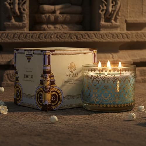 Image of EKAM 2025-26 Festive Fragrance Gift| Scented 3 Wick Candle| Mogra | Inspired by Stone Palace | 28-Hour Burn | Essential Oil Infused | Gift Box for Festive Celebrations, Weddings, Giveaways, etc.