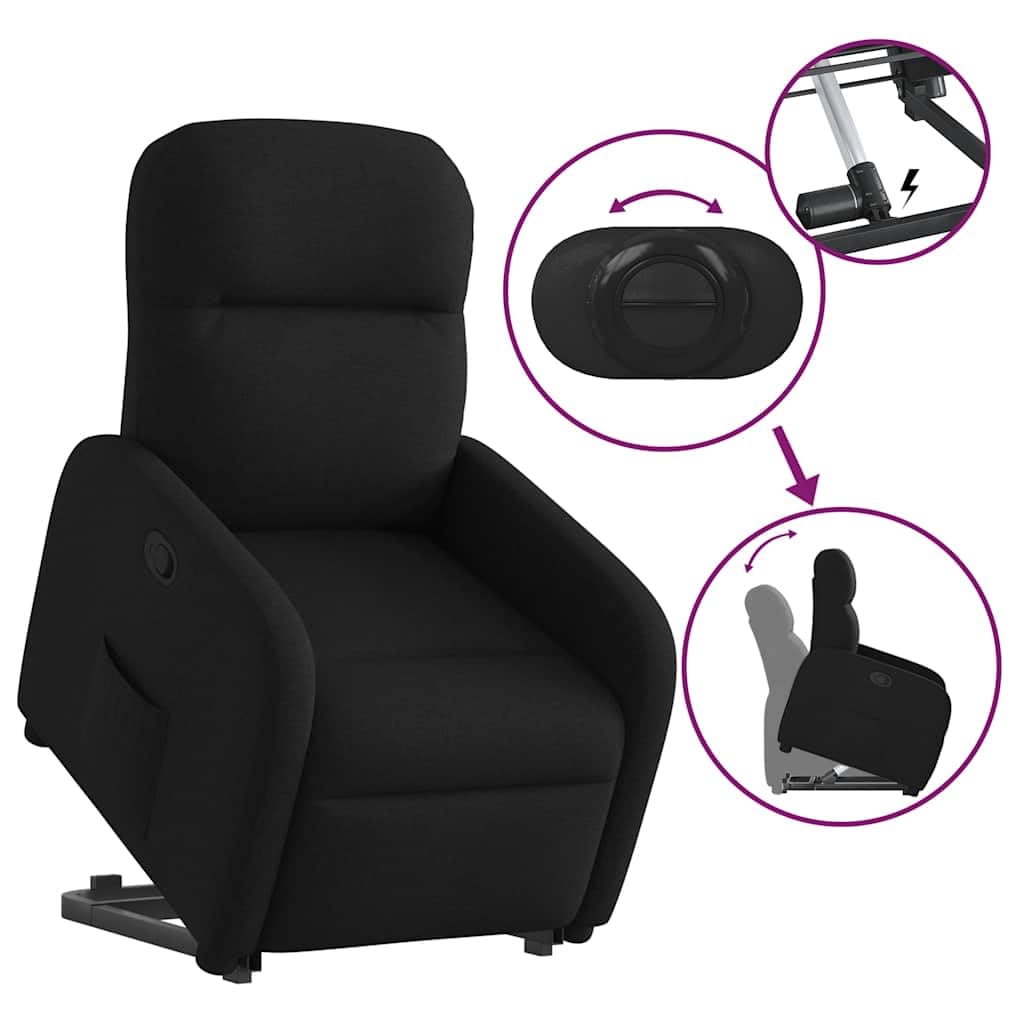 Sillón elevador eléctrico reclinable de tela negra con elevación automática y respaldo manual, cómodo asiento acolchado y marco estable, ideal para personas mayores