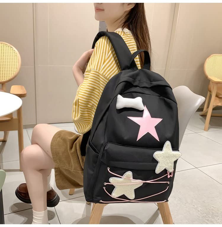 Preppy Backpack Cute Stars Pattern Korean Style Backpack Aesthetic College Book Bag for Work Travel (One Size,Black)2