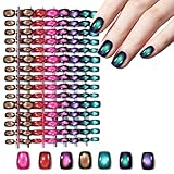 Laza 210pcs Cat Eye Press on Nails for Women 7 Colors Glossy Glitter Black Hole Short Square Reusable Nail Tips in 15 Sizes Long Lasting Salon Fake Nails Stick - Galaxy Chameleon