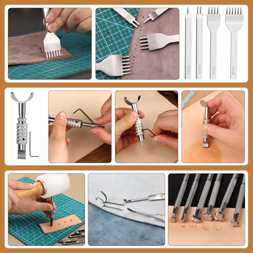 Image of Jupean Leather Working Kit, Tooling Tool Kit With Stamping Tools Storage Bag Cutting Mat Prong Punch Waxed Thread Stitching Groover For Craft