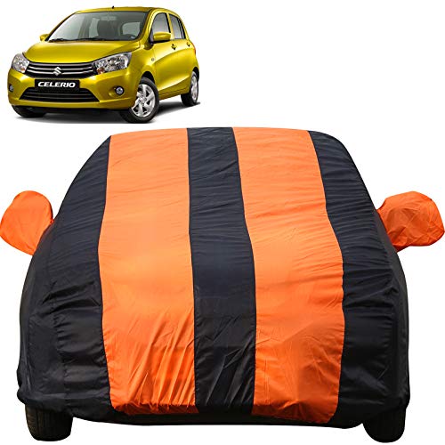 Image of Autofact Car Body Cover for Maruti Celerio (Mirror Pocket, Premium Fabric, Triple Stiched, Fully Elastic, Orange /Blue Color)