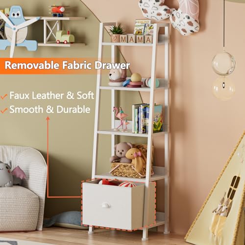 Image of Furologee 5-Tier White Ladder Shelf, Ladder Bookshelf with Removable Drawer, Mordern Bookcase Storage Rack Organizer, Wood Metal Freestanding Storage Shelves for Living Room, Home Office, Bedroom