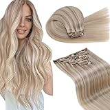 LaaVoo 45cm Clip in Echthaar Blond Haarverlängerungen Echte Haare Clip 120g 7PCS Aschblond Highlight Gebleichtes Blond Haarextension Echthaar Clip in Doppelt Tressen Remy Hair Blond