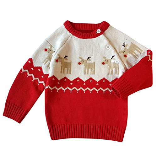 LNGRY Toddler Unisex Baby Button-up Cotton Coat Deer Christmas Cardigan Sweater (Red, 1-2 Years)