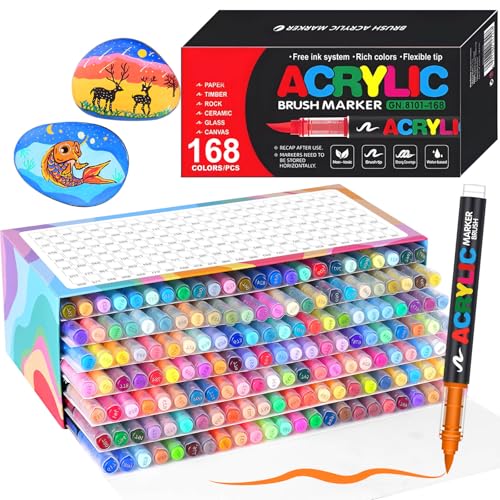 Bonala 168 Couleurs Feutre Acrylique, Acrylic Marker Pinceau pour le Feutres Coloriage Adulte，Liquide Direct Marqueur Acrylique pour Pierre,Bois,Galets,Papier, Tissu,Verre, Plastique (168 colors)