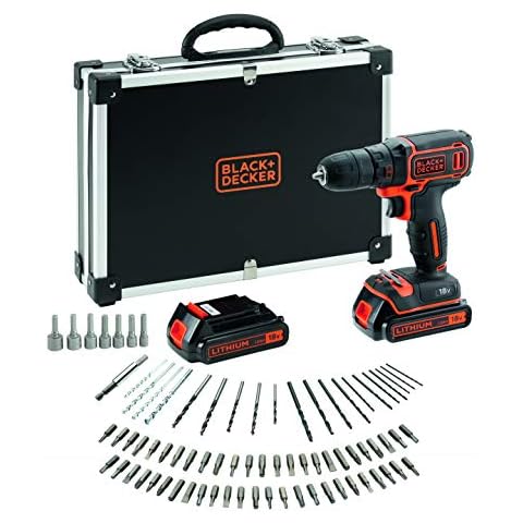 Taladro inalámbrico de iones de litio BLACK+DECKER de 18 V con cargador, incluye 80 accesorios y 2 baterías de 1,5 Ah, se entrega en una caja Cover