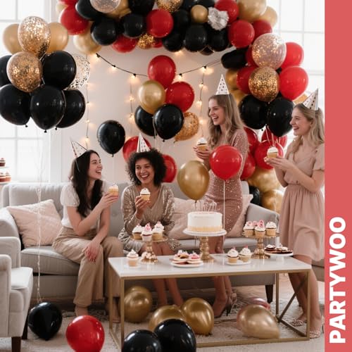 Image of PartyWoo Red Black and Gold Balloon Arch Kit Garland 142pcs Different Sizes of 18 12 10 5 Inch Matte Black Red Metallic Gold Confetti Balloons for New Year's Eve Graduation Birthday Party Decorations