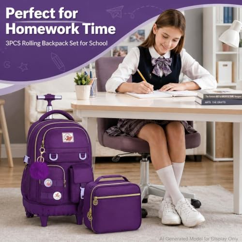 WZLVO Rolling Backpack for Girls Women, 21 inch Water Resistant Roller Wheels Backpacks, Wheeled Bookbag with Lunch Bag for Teen Elementary School Travel - Dark Purple by WZLVO - Used condition - Image 8